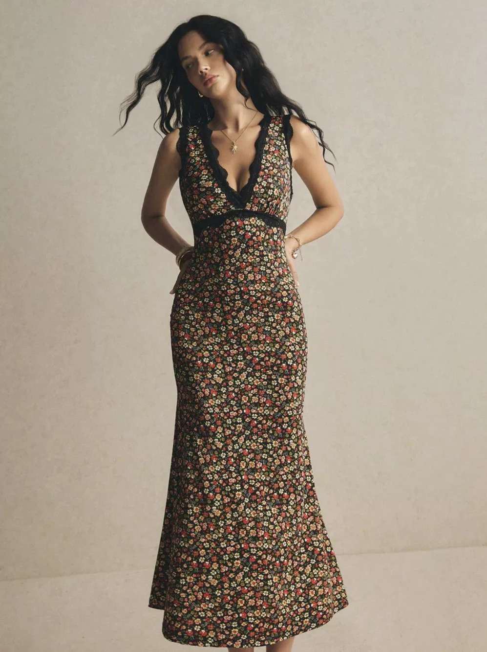 ZARA Floral Print Long Spaghetti Strap Lace Dress - Picture 5 of 6